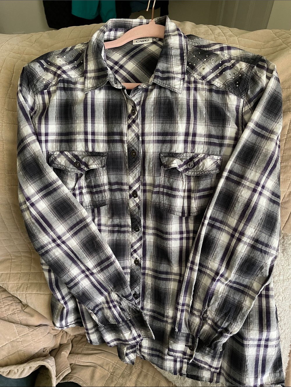 Cato Black, White & Purple Plaid Button-Up Blouse with beautiful accents.